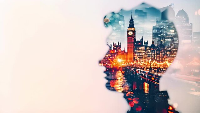man silhouette is shown in front of a city skyline, with the London Big Ben clock tower in the background. The image has a dreamy, ethereal quality, with the male face
