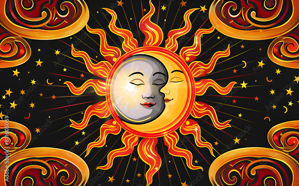 Poster a sun and moon design with stars in the background. the sun is in the center and the moon is on the 