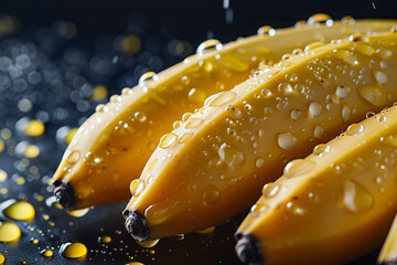 A bunch of bananas with water droplets on them. - obrazy, fototapety, plakaty