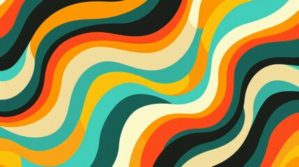 70s retro groovy background vector presentation design, minimal flat illustration of colorful waves pattern with stripes and shapes in yellow orange blue green on black background.