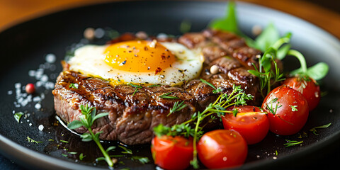 Steak with egg and tomatoes on a black plate. - obrazy, fototapety, plakaty