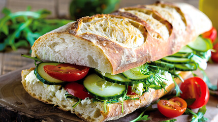 A sandwich with tomatoes, cucumbers and lettuce. - obrazy, fototapety, plakaty