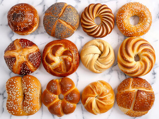A variety of breads and buns are arranged on a marble surface. - obrazy, fototapety, plakaty
