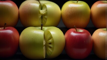  A symmetrical arrangement of sliced apples, revealing their star-shaped cores and juicy flesh. - obrazy, fototapety, plakaty