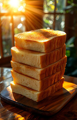 A stack of bread on a wooden cutting board. - obrazy, fototapety, plakaty