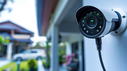 A security camera is attached to the side of a house. - obrazy, fototapety, plakaty