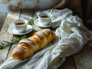 A croissant on a wooden table with tea and a cup. - obrazy, fototapety, plakaty