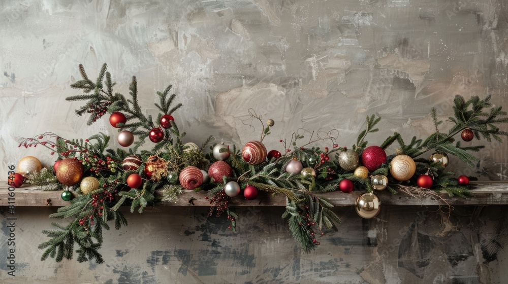 Poster pine branches adorned with baubles creating a festive christmas tree display