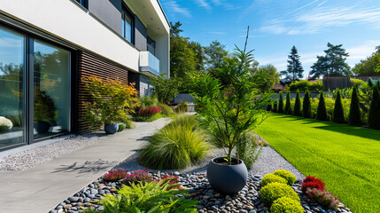 Modern house with landscaping and gravel. - obrazy, fototapety, plakaty