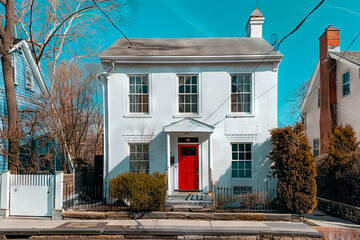 A white house with a red door and fence. - obrazy, fototapety, plakaty
