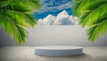 Sunny Serenade: Blue Sky and White Wall with Product Showcase - obrazy, fototapety, plakaty