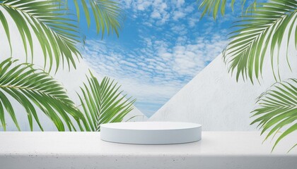 Skyward Showcase: Product Stand with Palm Leaves and Blue Sky - obrazy, fototapety, plakaty