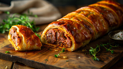 A sausage roll with herbs on a wooden cutting board. - obrazy, fototapety, plakaty