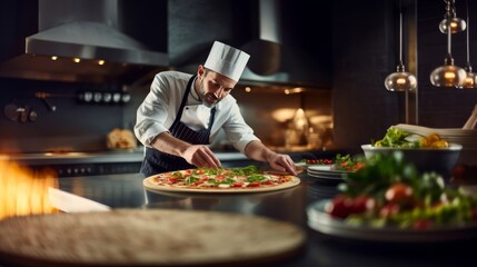 Closeup hand of chef baker in white uniform making pizza at kitchen