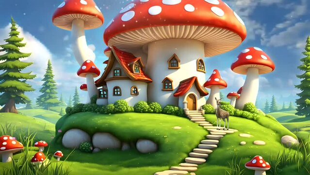 Mushroom castle with a deer in the forest. Seamless looping time-lapse 4k video animation background