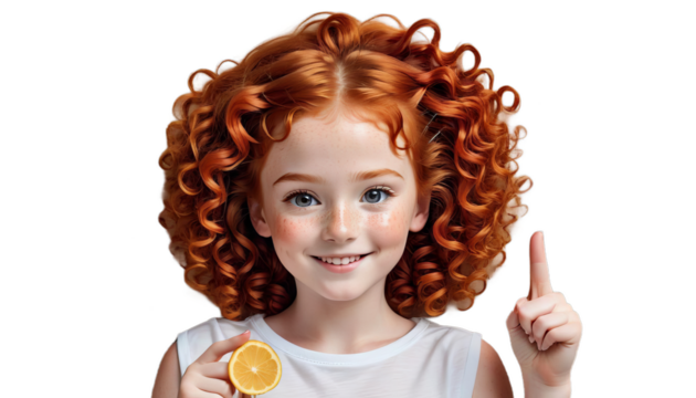 innocent empty finger right smiling space hair pointing rascal probably freckles little small copy cute girl looks curly ginger side red point up children portrait freckle childhood emotion happy