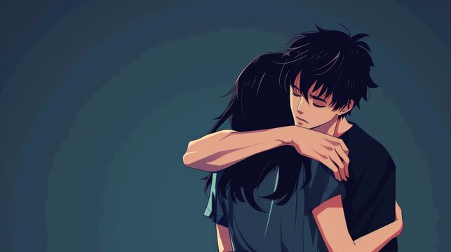 Young guy and girl in a hug, in cartoon anime style. Place for text.