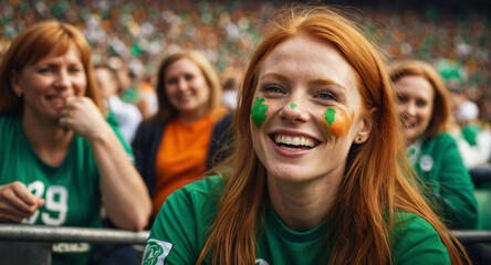 Przejdź do strony
|123Dalej
Ginger hair woman sports fan supporting Ireland national football team. Sports fans celebrating championship victory in a sports stadium