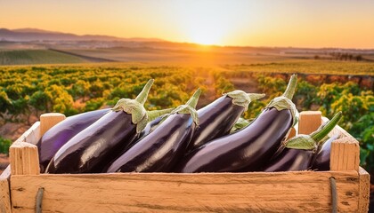 Harvest Glow: Eggplant in Wooden Box Against Sunset, Symbolizing Abundance