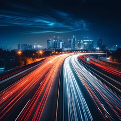 Obraz premium Highway at night with city lights in the background, long exposure. Generative AI.