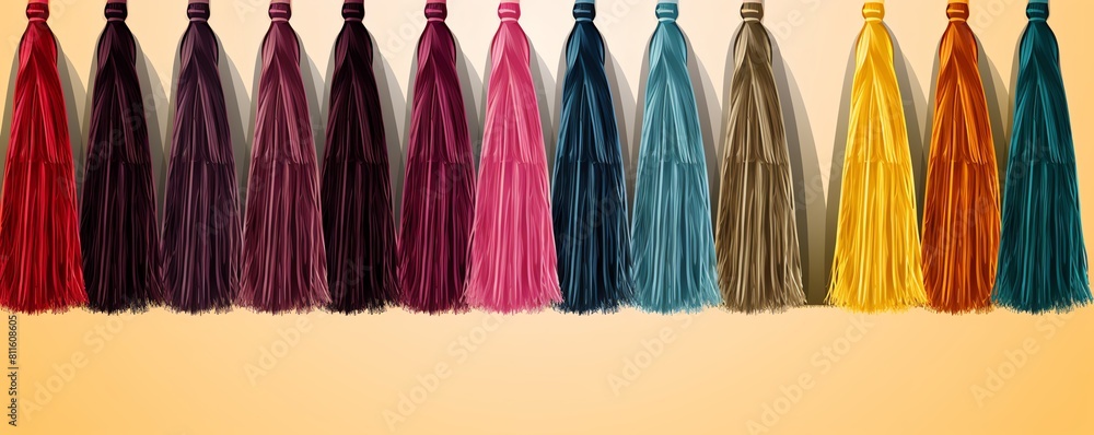 Wall mural Colorful tassels of various lengths hang against a beige background. The tassels are made of different colored yarns. - Wall murals