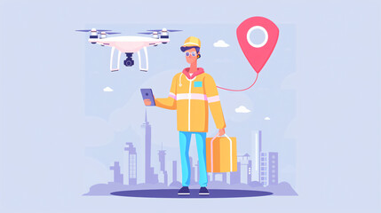 Flat colorful design delivery man delivery drone and h