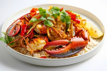 Fototapeta premium Irresistible 3 Pepper Lobster Stir-fry with Zesty Lemon Garnish