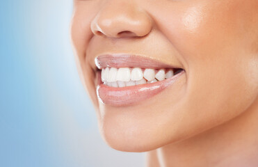 Female person, smile and zoom for treatment, filling and polish for cosmetic in blue background....