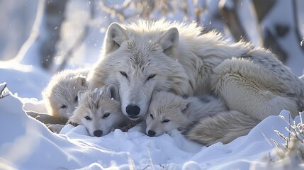 A mother arctic wolf nursing her pups in a cozy den beneath the snow, providing warmth and protection