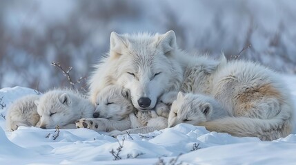 A mother arctic wolf nursing her pups in a cozy den beneath the snow, providing warmth and protection © Nawarit