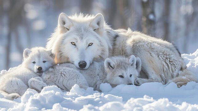 A mother arctic wolf nursing her pups in a cozy den beneath the snow, providing warmth and protection
