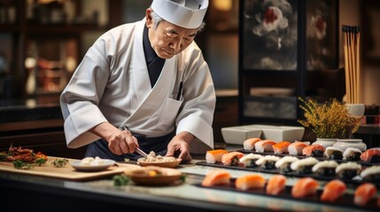 An elderly old chef in a Japanese restaurant in the kitchen prepares various sushi and rolls puts them on the table.