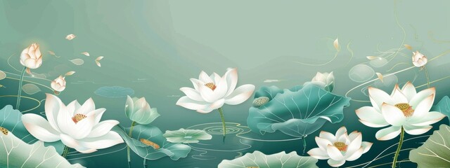 A lotus pattern background with white and gold lines in the vector illustration style, turquoise blue gradient background, flat design, in the style of Chinese painting.