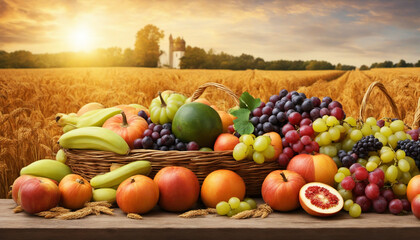 Bountiful autumn harvest season farm fresh fruit and grain, thanksgiving 

