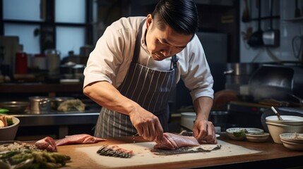 Сhef of Japanese nationality prepares a fish steak dish in a restaurant kitchen.