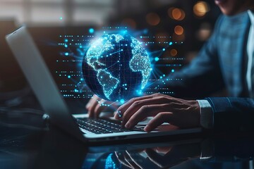Business Intelligence, businessman using laptop computer with global network connection, data exchange, digital technology, data science and digital marketing, Investment on global business