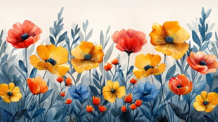 Flowers cover modern background. Modern template of spring plant with leaves, flowers, and wildflowers. Watercolor design for wallpapers, banners, prints, interiors, posters, etc.