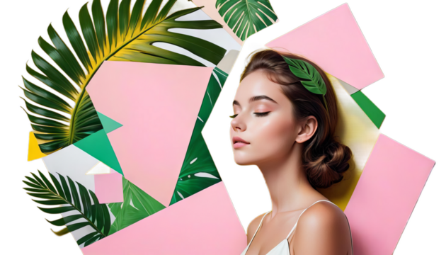 background pink tropical ad art abstract bw design contemporary beautiful green modern flyer dreaming artwork ng copy collage text composition space girl square fashion minimal concept funny creative