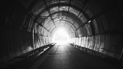 Black and white photo of a tunnel with a bright light at the end.