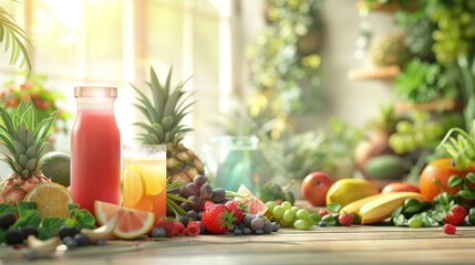 Food and Drink Healthy Options: A 3D copy space background showcasing a selection of healthy food and drink options