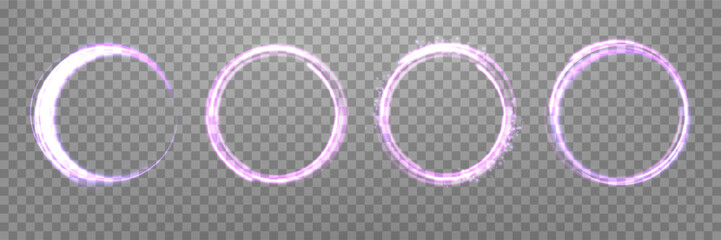 Glowing purple magic rings set. Neon realistic energy flare halo rings. Abstract light circles on a transparent background. Vector illustration. © Elena
