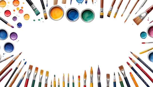 frame postcard back hand paints etc cute school white artist tubes illustration background bright watercolor s design palettes drawn tools brushes b pencils border to crayons isolated colourful