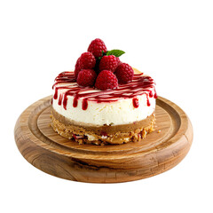 Front view of single white chocolate raspberry cheesecake on a wooden tray isolated on a white transparent background