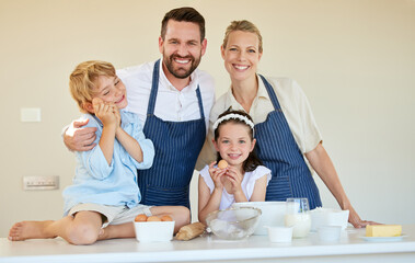 Baking, ingredients or recipe with portrait of family in kitchen of home together for cooking pastry. Mother, father and children learning how to bake with parents teaching kids in apartment together