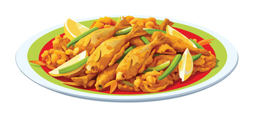 Mixed fried seafood dish with lemon slice