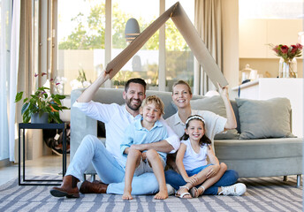 Family, life insurance and happy in home with roof, covering and protection for house cover with...