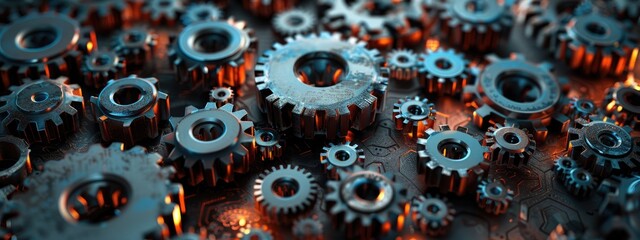 Intricate Network of Gears and Cogs in Orange and Blue Hues