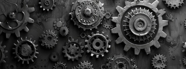 Intricate Array of Industrial Metal Gears and Cogs in Monochrome