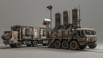 Obraz premium 3D render of a fortified military outpost equipped with radarguided missile defense systems