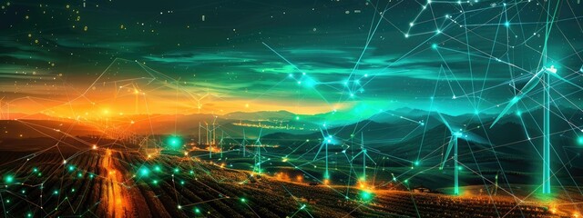 Futuristic Network Connections Over a Lush Vineyard at Sunset